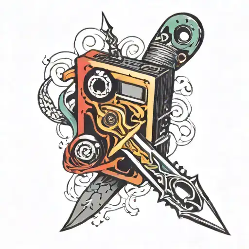 cassette tape with a dagger through it tattoo design idea