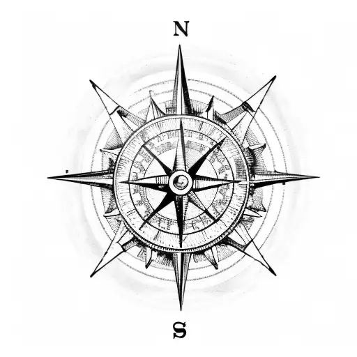nautical compass with boat, fish jumping, trees in the background, and a pop of color tattoo design idea