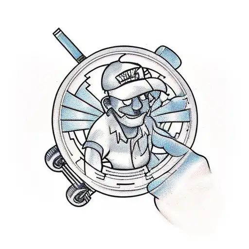 A maintenance worker repairing a broken skateboard tattoo design idea