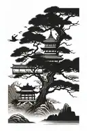 bonzai tree with japanese temple tattoo design idea