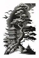 bonzai tree with japanese temple tattoo design idea