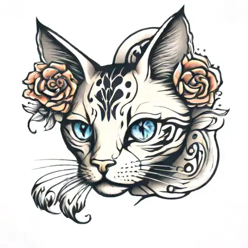 cat face and paw print tattoo design idea