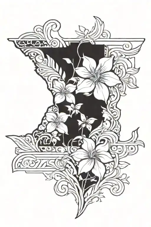 Tennessee outline with mountains inside, irises on bottom right, Tennessee tri star, dogwood blooms tattoo design idea