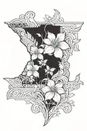 Tennessee outline with mountains inside, irises on bottom right, Tennessee tri star, dogwood blooms tattoo design idea
