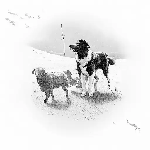 A silhouette of a farmer herding cattle with a border collie by his side tattoo design idea