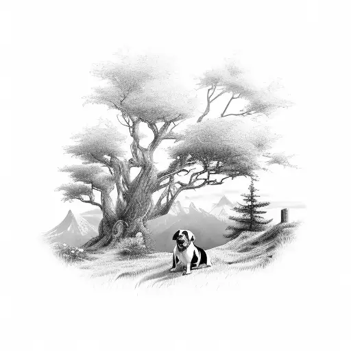 A fence winding through a scenic landscape with a loyal dog standing guard tattoo design idea