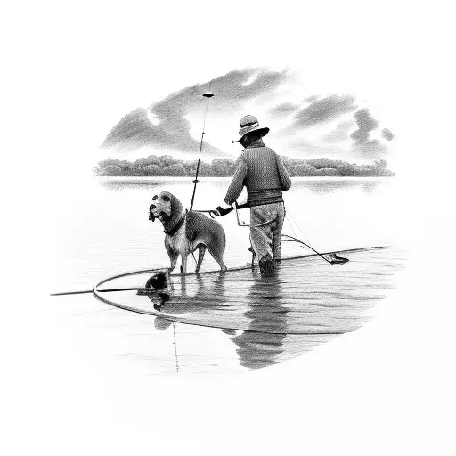 A detailed sketch of a farmer fishing by a serene lake, with his faithful dog sitting nearby tattoo design idea