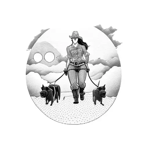 A blackwork tattoo of a dog herding cattle with a sunset in the background tattoo design idea