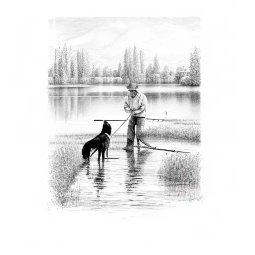 A detailed sketch of a farmer fishing by a serene lake, with his faithful dog sitting nearby tattoo design idea