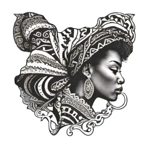 the continent of Africa with the side-profile of a black woman wearing a scarf embedded in the top left of it tattoo design idea