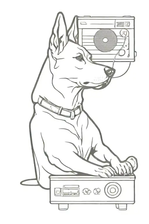 A minimalist tattoo of a silhouette of a dog listening to post punk music on a record player tattoo design idea
