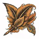 penny next to single feather tattoo design idea