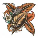 penny next to single feather tattoo design idea
