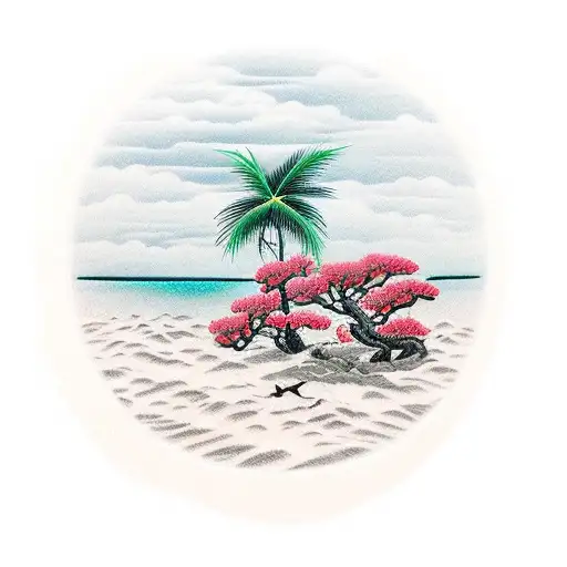 beach and palm in glass of whiskey tattoo design idea