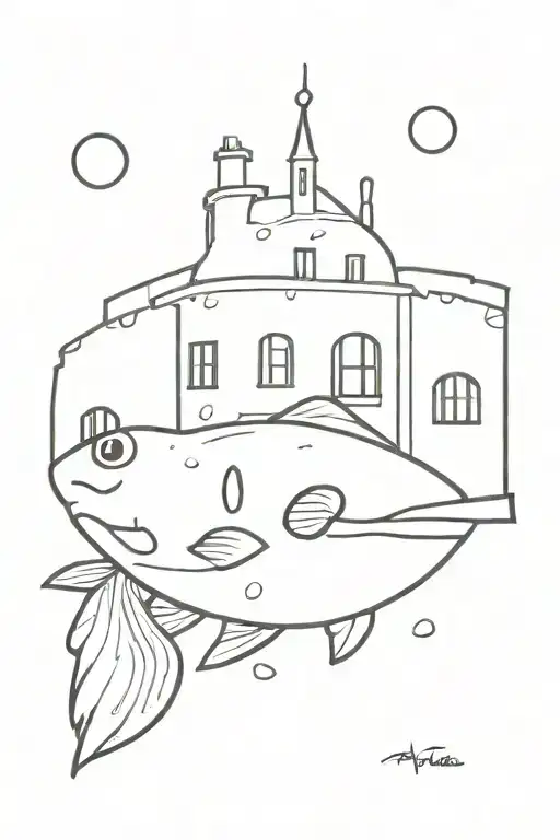 a black and white alamo drawing in the style of tim burton's big fish  tattoo design idea