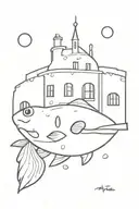 a black and white alamo drawing in the style of tim burton's big fish  tattoo design idea