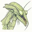 praying mantis eating man's head profile holding tattoo design idea