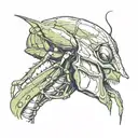 praying mantis eating man's head profile holding tattoo design idea