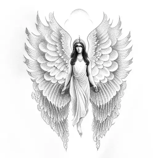 A dotwork tattoo of a serene angel with open wings and a halo, surrounded by verses from the Bible tattoo design idea