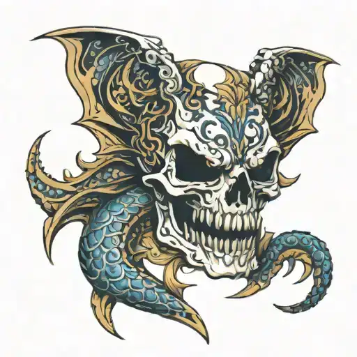 a skull with sakorras has a dragon from its mouth tattoo design idea