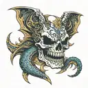 a skull with sakorras has a dragon from its mouth tattoo design idea