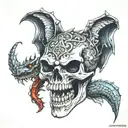 a skull with sakorras has a dragon from its mouth tattoo design idea