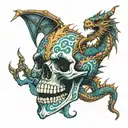 a skull with sakorras has a dragon from its mouth tattoo design idea