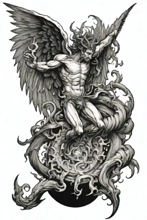 the fall of Lucifer fire and demons flying tattoo design idea