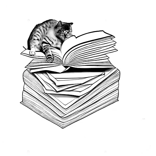 stack of books with a cat curled on top tattoo design idea