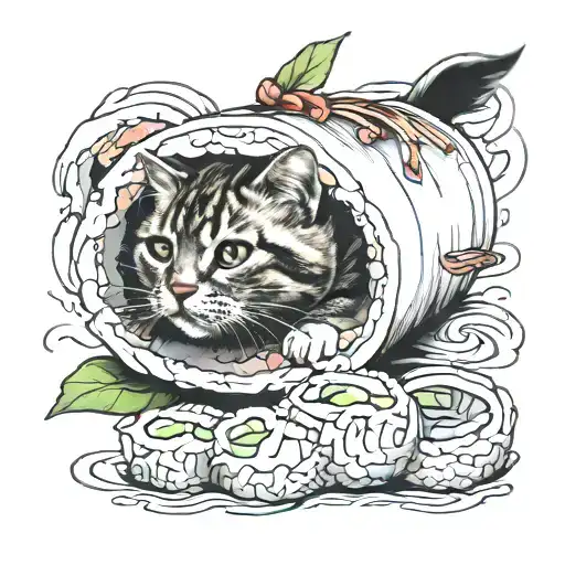 cat in sushi roll tattoo design idea