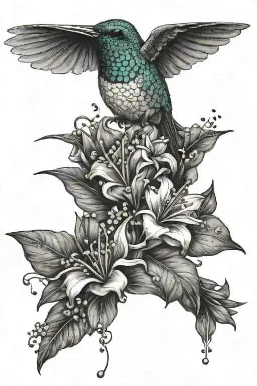humming bird with flowers tattoo design idea