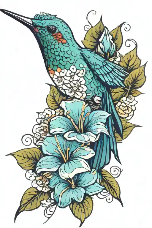 humming bird with flower vine wrapping tattoo design idea