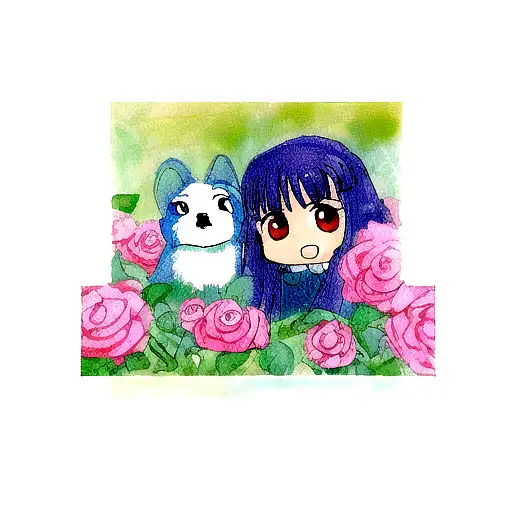 rosa de color azul con tallo y hojas con perro pastor alemán  tattoo design idea