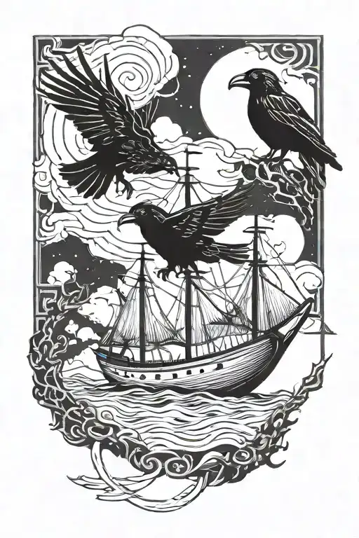 Two ravens above a Viking longship. Back and white. tattoo design idea