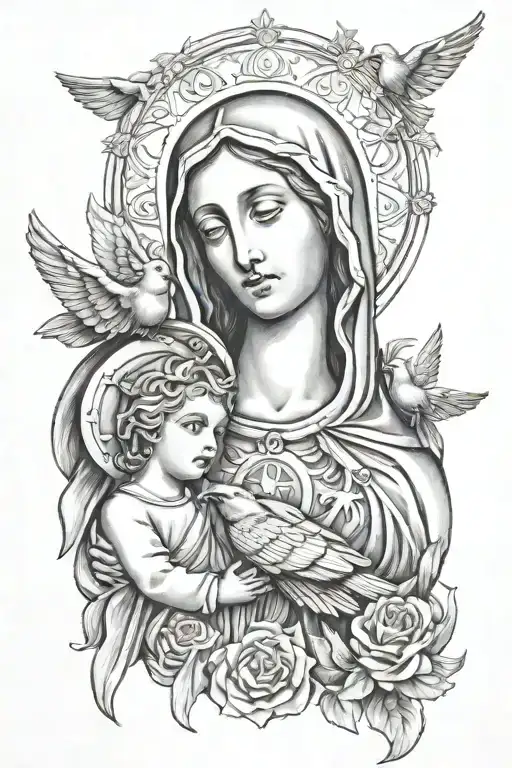 Jesús Christ, Virgin Mary, and San Judas with doves  tattoo design idea
