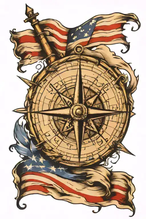 compass with tattered American flag waving tattoo design idea