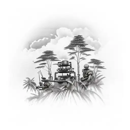 Vietnam jungle with soldiers shooting and helicopter in the sky  tattoo design idea