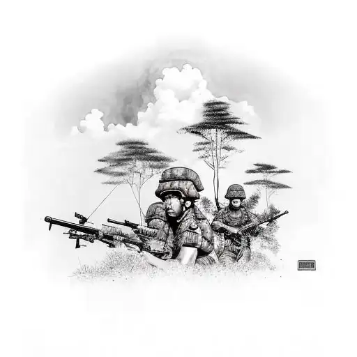 Vietnam jungle with soldiers shooting and helicopter in the sky  tattoo design idea