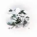 Vietnam jungle with soldiers shooting and helicopter in the sky  tattoo design idea