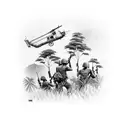 Vietnam jungle with soldiers shooting and helicopter in the sky  tattoo design idea