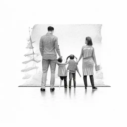 A heartwarming family portrait with the lawyer holding hands with their spouse and children tattoo design idea