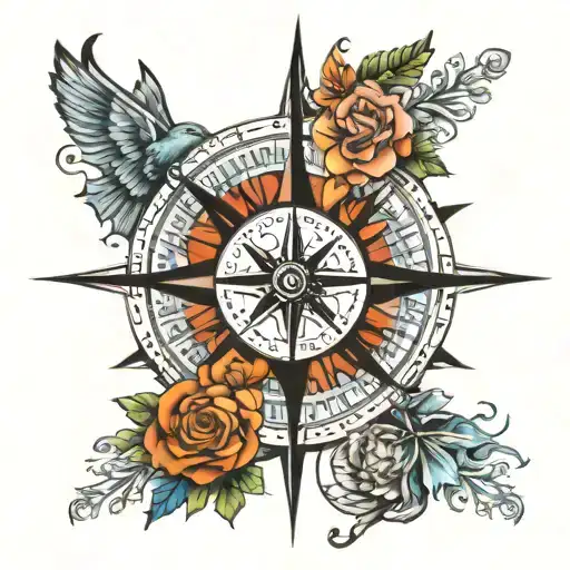 compass rose, North on the compass points to friends sitting down with beers in their hand tattoo design idea