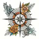compass rose, North on the compass points to friends sitting down with beers in their hand tattoo design idea