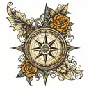 compass rose, North on the compass points to friends sitting down with beers in their hand tattoo design idea