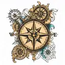 compass rose, North on the compass points to friends sitting down with beers in their hand tattoo design idea