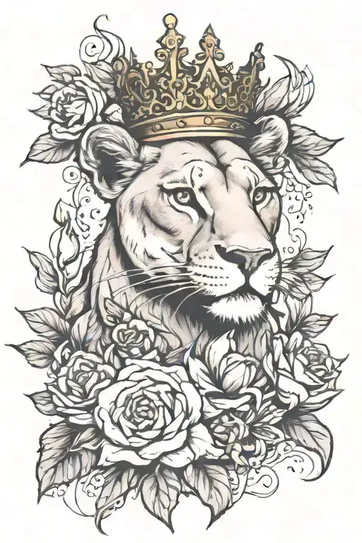lioness wearing a crown roses lilies vines and leaves  tattoo design idea