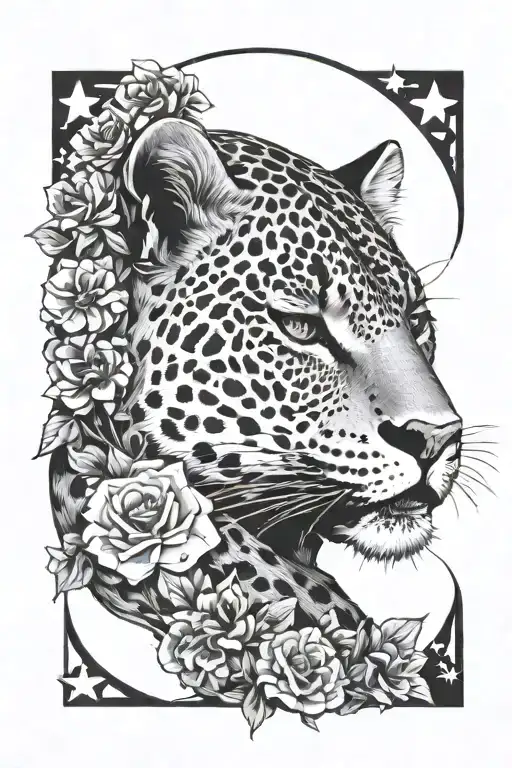 A realistic portrait of a sleeping musician surrounded by leopard-print flowers and stars tattoo design idea