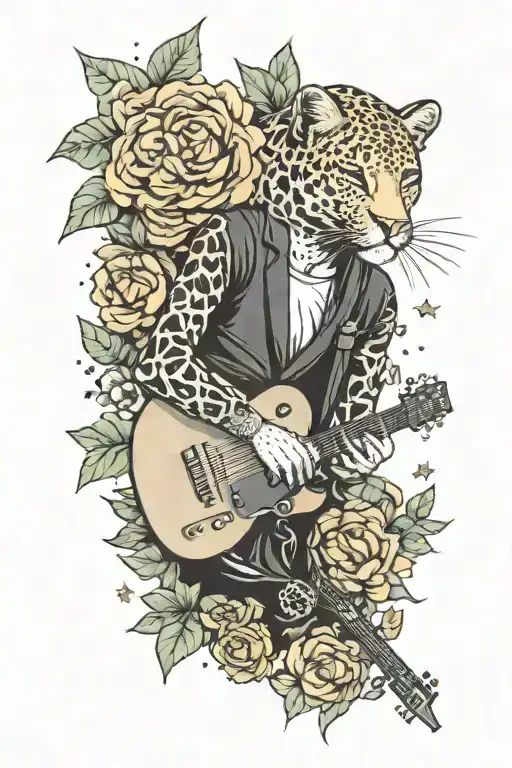 A realistic portrait of a sleeping musician surrounded by leopard-print flowers and stars tattoo design idea