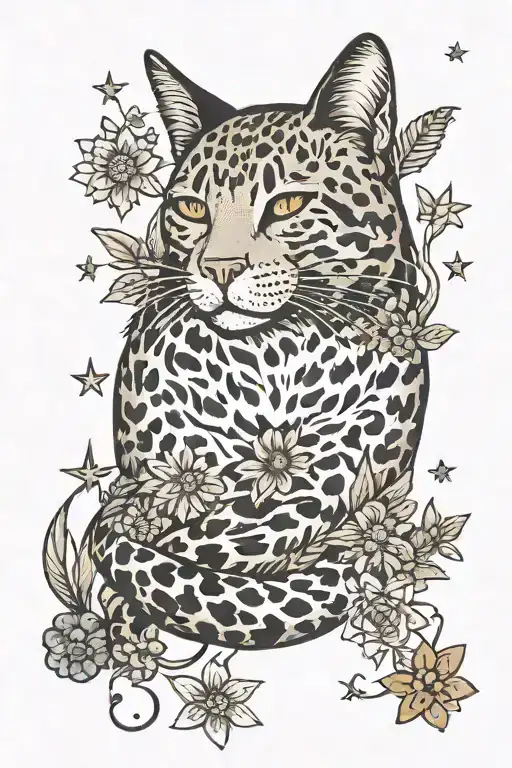 A traditional tattoo of a sleeping cat surrounded by a field of leopard-print flowers and stars tattoo design idea