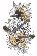 A realistic portrait of a sleeping musician surrounded by leopard-print flowers and stars tattoo design idea
